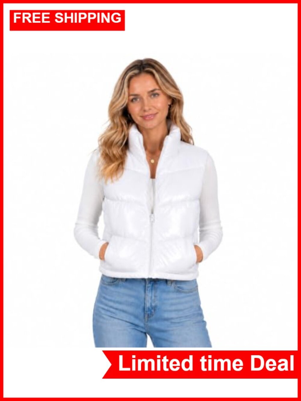 Cropped Puffer Vest Shiny Nylon Quilted Zip-Up Womens Outerwear